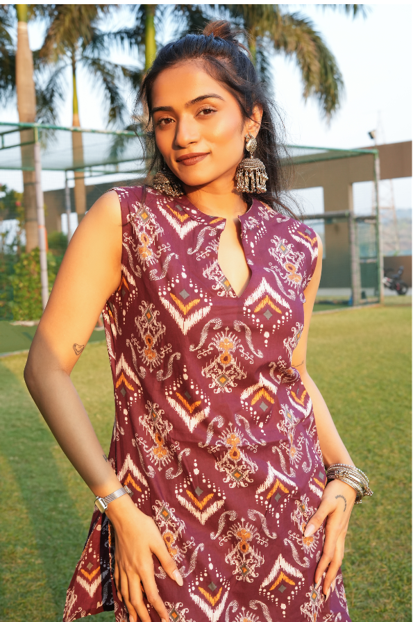 Woman wearing a Maroon ikat kurti dress outdoors with greenery in the background